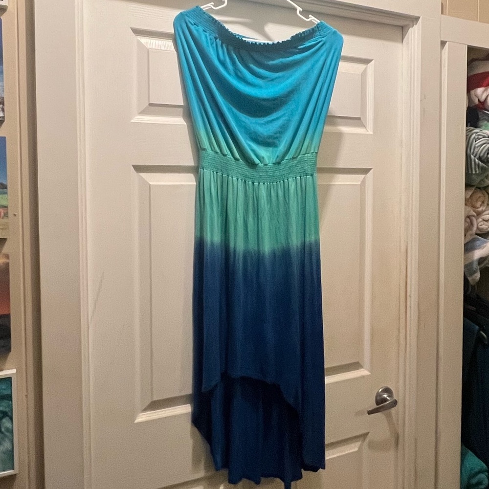 Multi colored Cielo blue and green ombre colored strapless dress
